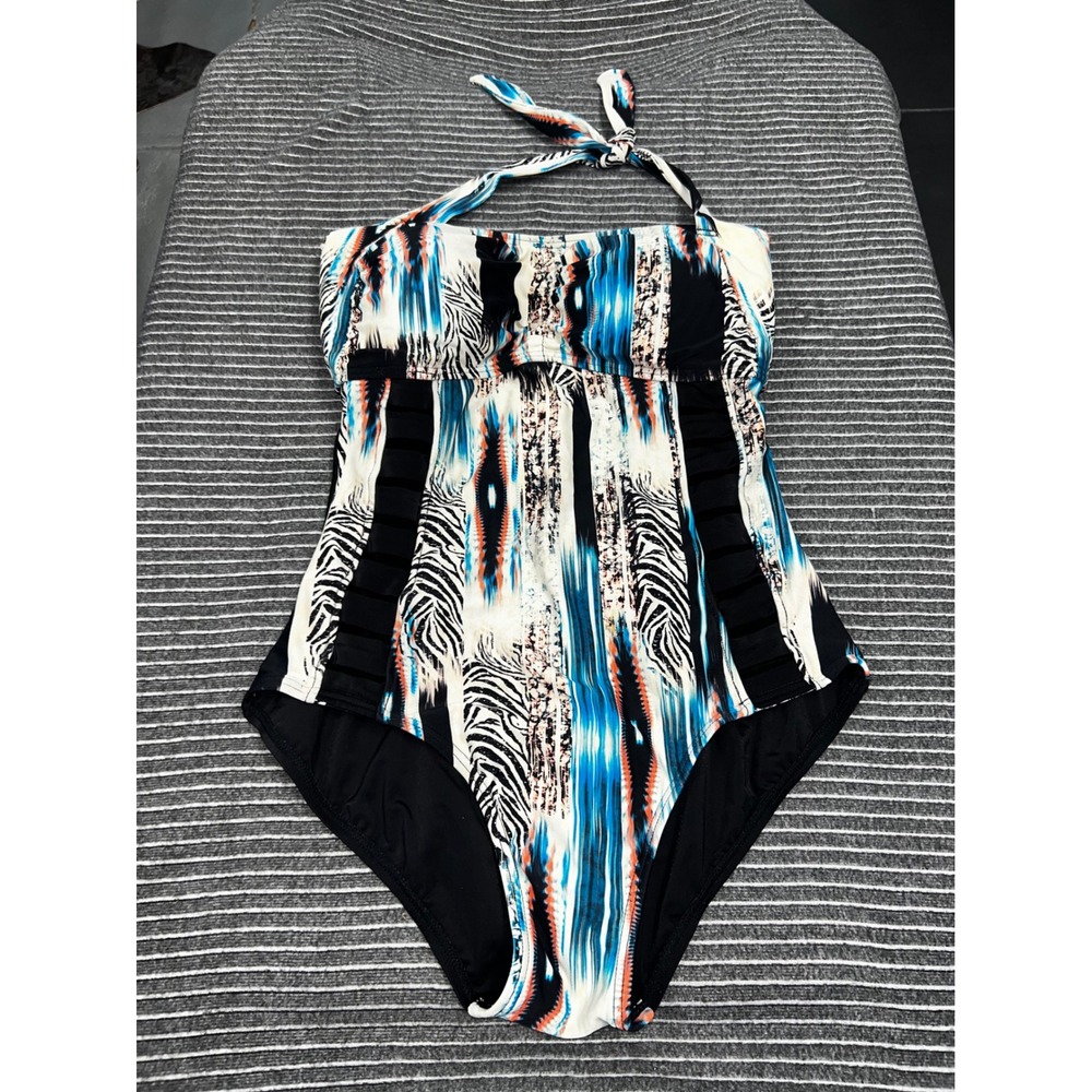 Swimsuits For All Women Blue Tribal Zebra Print Halter One Piece Side Cutout 14